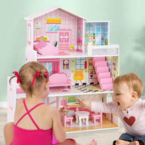 Kids Wooden Dollhouse Playset with 5 Simulated Rooms and 10 Pieces of Furniture