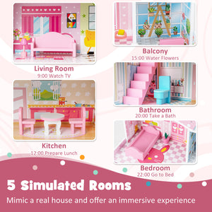 Kids Wooden Dollhouse Playset with 5 Simulated Rooms and 10 Pieces of Furniture