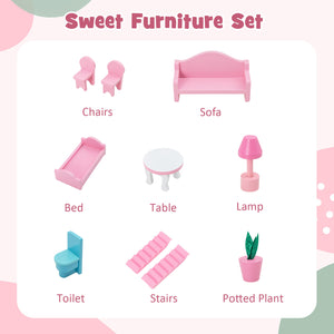 Kids Wooden Dollhouse Playset with 5 Simulated Rooms and 10 Pieces of Furniture