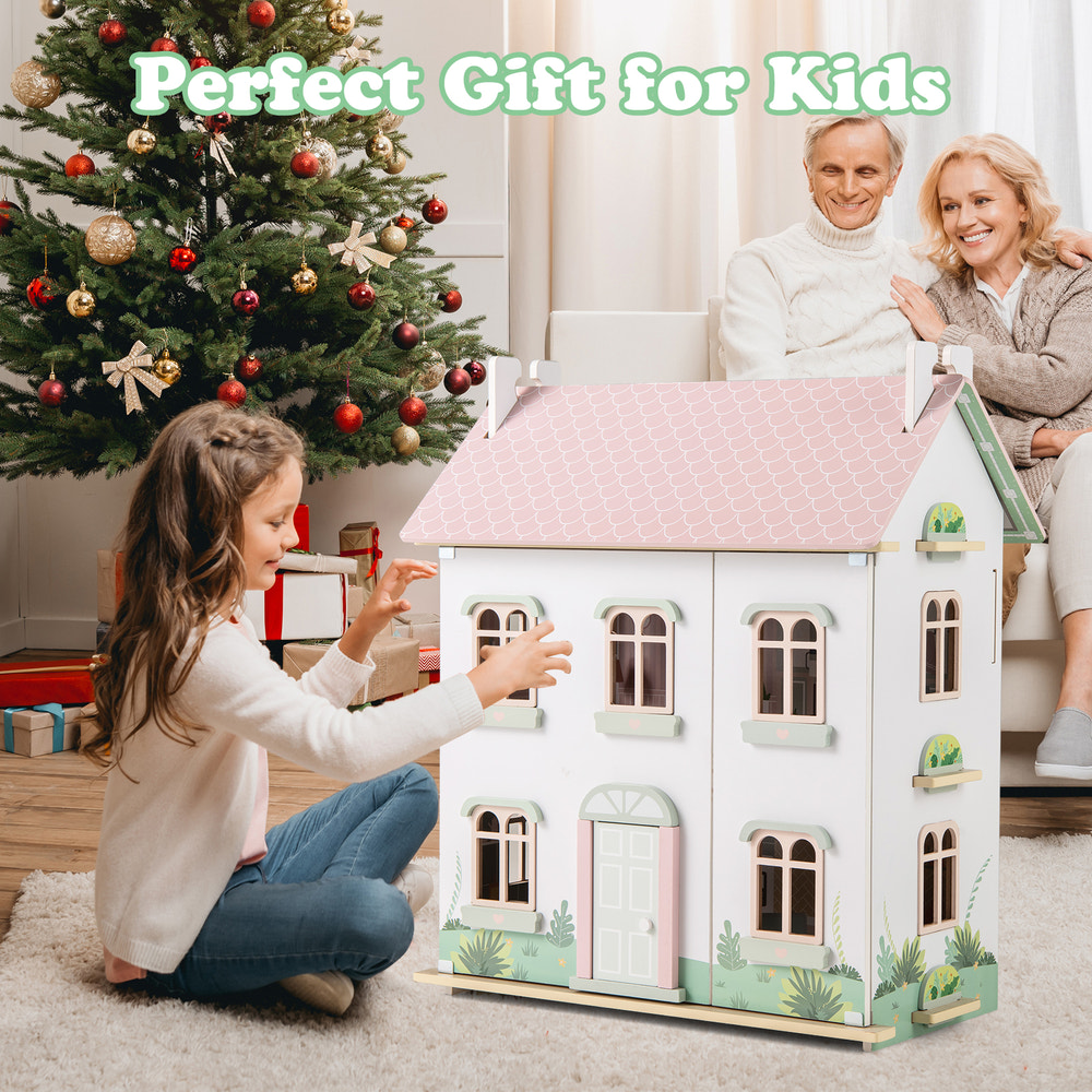 Kids Wooden Dollhouse 3 Level with Double-Sided Roofs and Doors