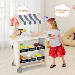 Kids Wooden Ice Cream Cart with Chalkboard and Storage - Realistic