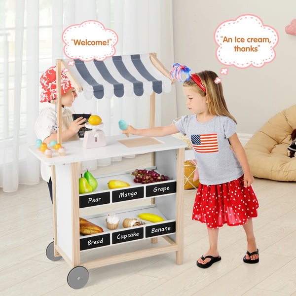 Kids Wooden Ice Cream Cart with Chalkboard and Storage - Realistic