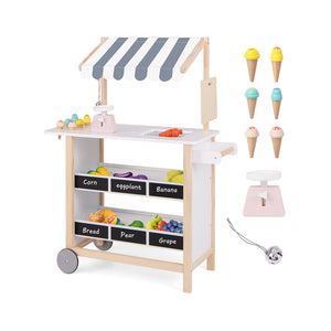 Kids Wooden Ice Cream Cart with Chalkboard and Storage - Realistic