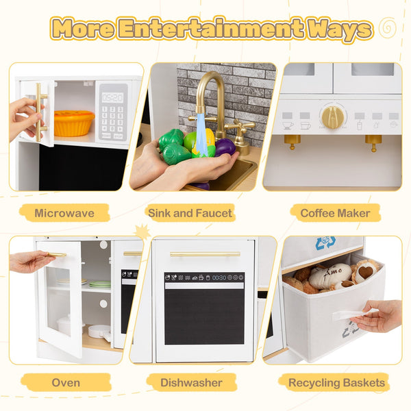 Kids Wooden Kitchen Playset with Stoves Sound Light for 3+ Years Old-White