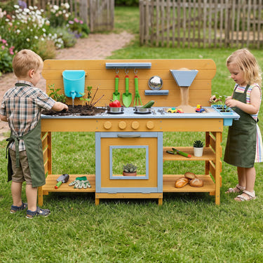 Kids Wooden Mud Kitchen with 2 Sinks and 4 Stoves-Natural