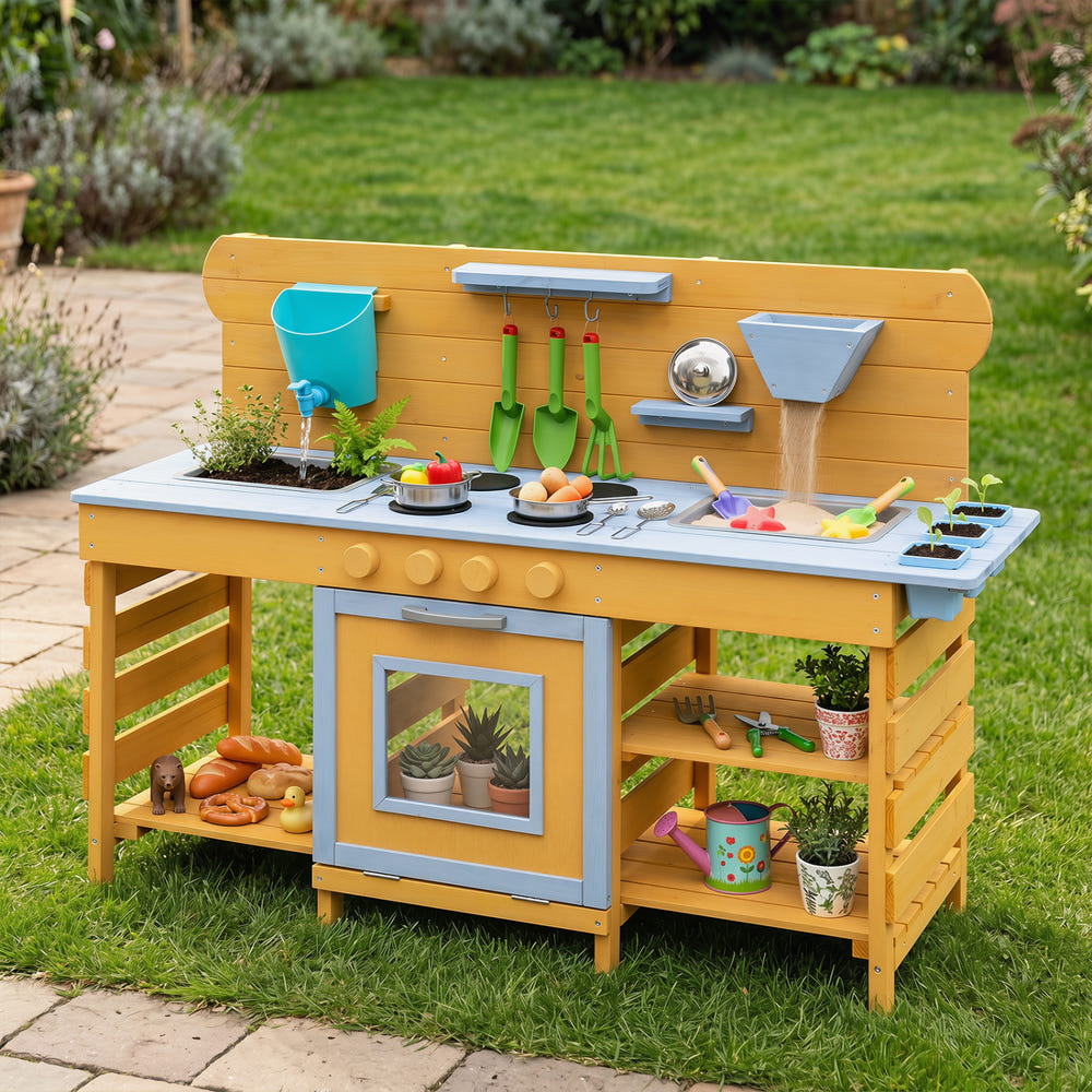 Kids Wooden Mud Kitchen with 2 Sinks and 4 Stoves-Natural