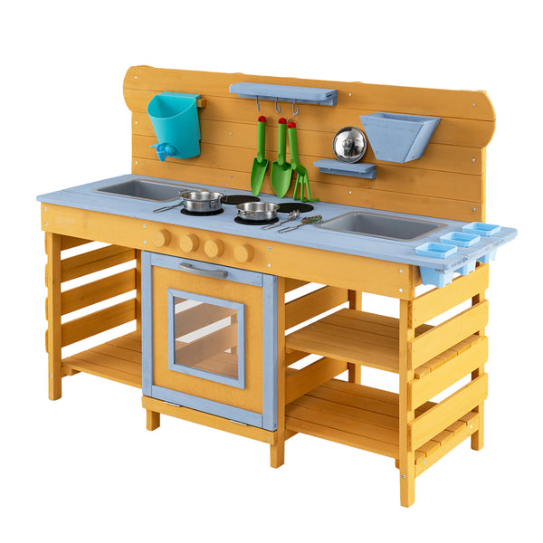 Kids Wooden Mud Kitchen with 2 Sinks and 4 Stoves-Natural