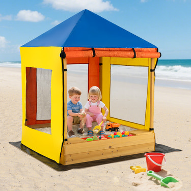 Kids Wooden Sandbox with Canopy Large Sand Pit with Mesh Windows and Bottom Liner