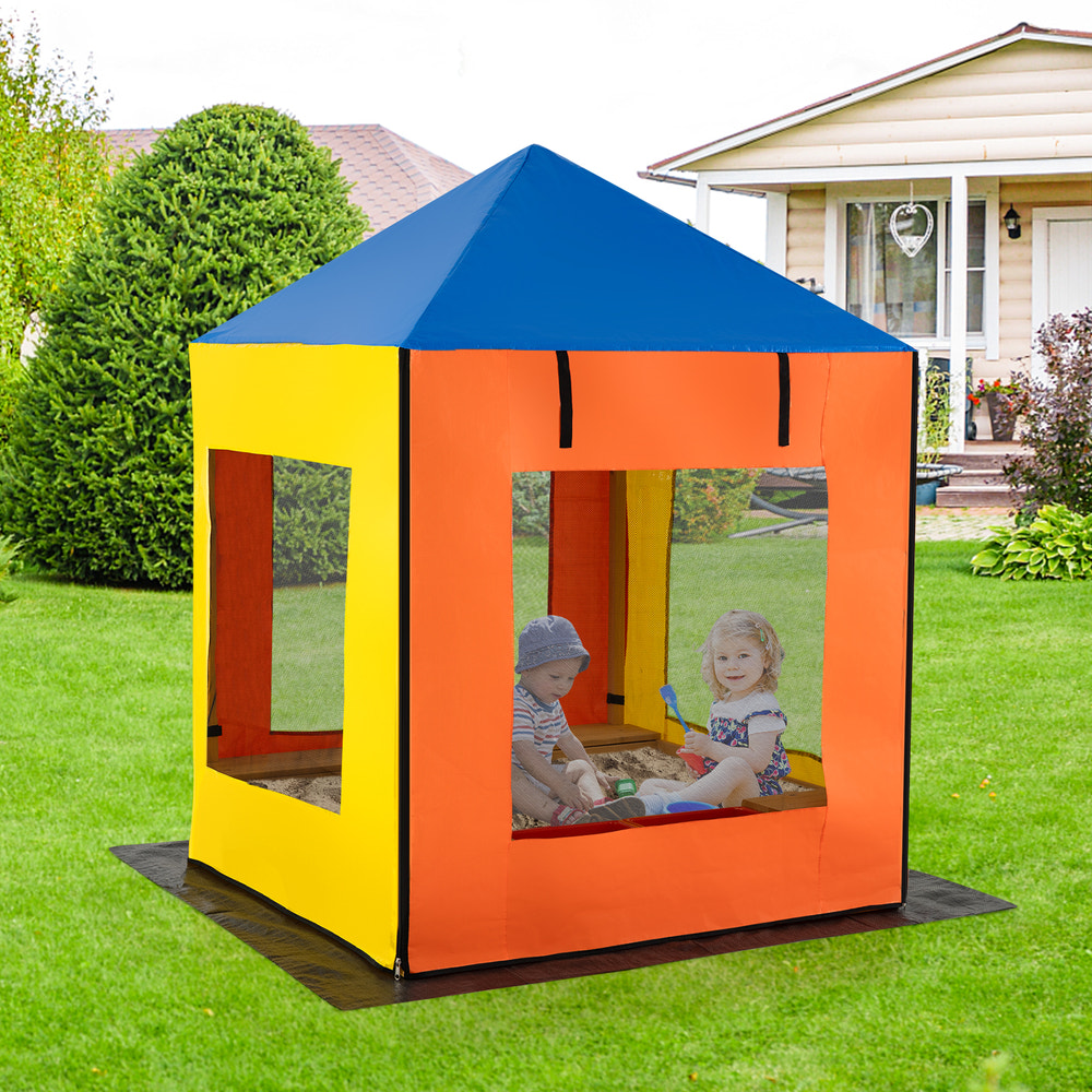 Kids Wooden Sandbox with Canopy Large Sand Pit with Mesh Windows and Bottom Liner