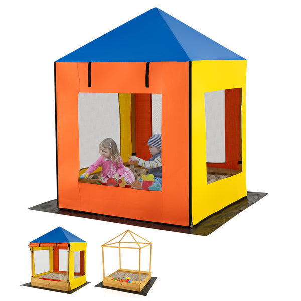 Kids Wooden Sandbox with Canopy Large Sand Pit with Mesh Windows and Bottom Liner