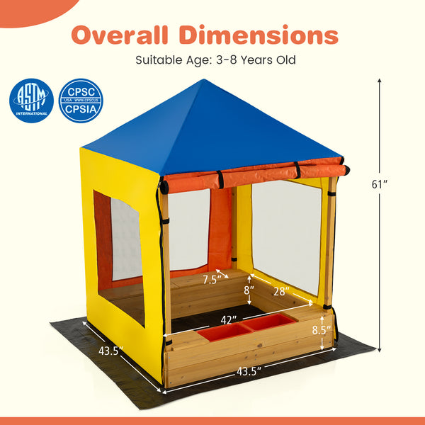 Kids Wooden Sandbox with Canopy Large Sand Pit with Mesh Windows and Bottom Liner