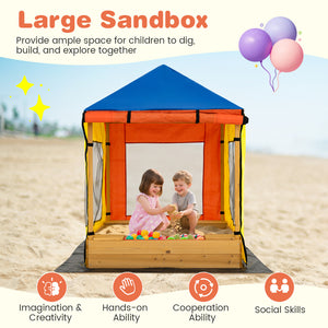 Kids Wooden Sandbox with Canopy Large Sand Pit with Mesh Windows and Bottom Liner