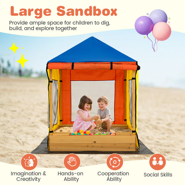 Kids Wooden Sandbox with Canopy Large Sand Pit with Mesh Windows and Bottom Liner