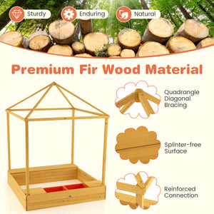 Kids Wooden Sandbox with Canopy Large Sand Pit with Mesh Windows and Bottom Liner