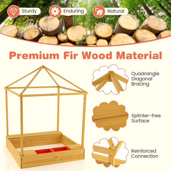 Kids Wooden Sandbox with Canopy Large Sand Pit with Mesh Windows and Bottom Liner