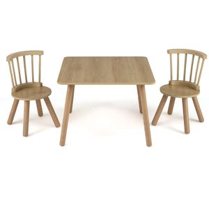 Kids wooden table and chairs set, 3-piece toddler furniture with durable pine wood frame, perfect for playtime and learning.