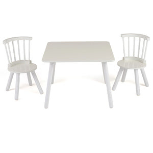 Kids wooden table and chairs set, 3-piece toddler furniture with pine wood frame, shown from angle 2.