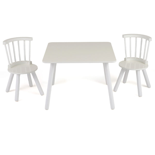 Kids wooden table and chairs set, 3-piece toddler furniture with pine wood frame, shown from angle 2.