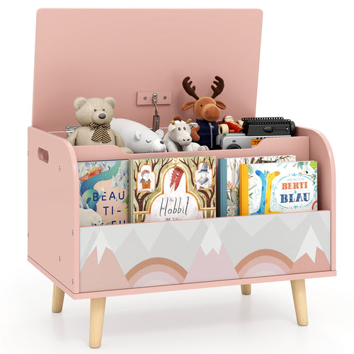 Kids wooden toy box with front bookshelf and solid wood legs for playroom storage and organization.