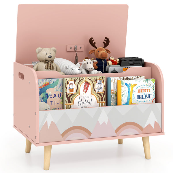 Kids wooden toy box with front bookshelf and solid wood legs for playroom storage and organization.