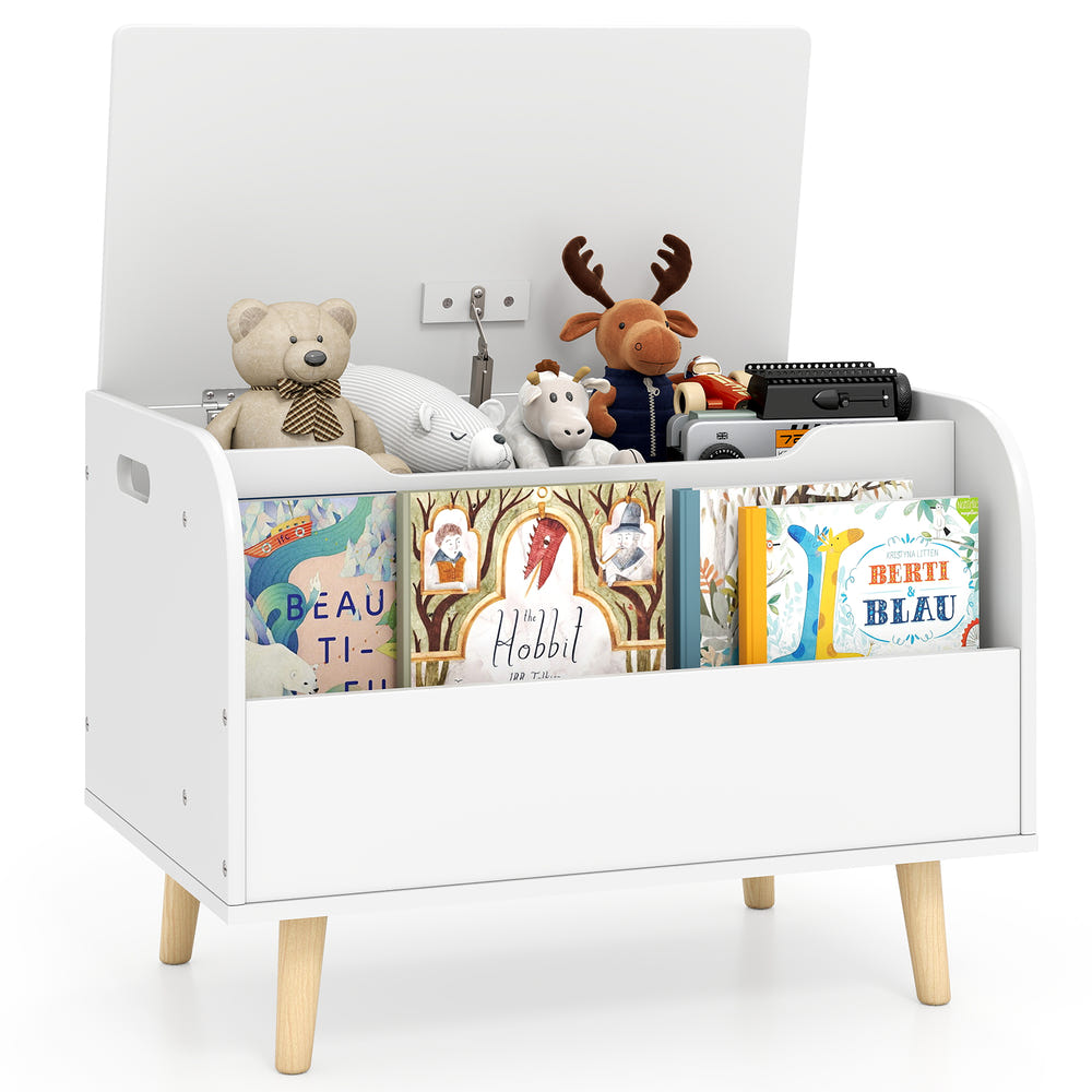 Kids wooden toy box with front bookshelf and solid wood legs for playroom storage and organization.