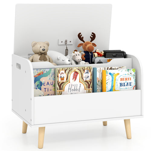 Kids wooden toy box with front bookshelf and solid wood legs, perfect for playroom organization. Angle 2 view.