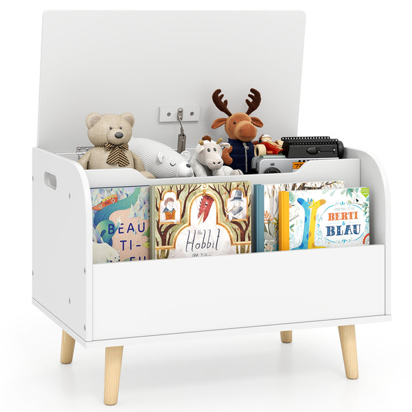 Kids wooden toy box with front bookshelf and solid wood legs, perfect for playroom organization. Angle 2 view.