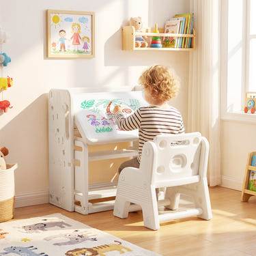 Kids Writing Desk and Chair Set with Side Bookshelves-White