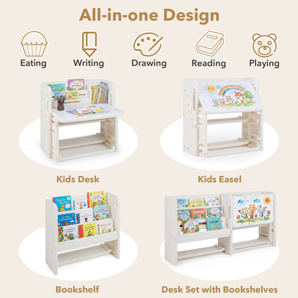 Kids Writing Desk and Chair Set with Side Bookshelves-White