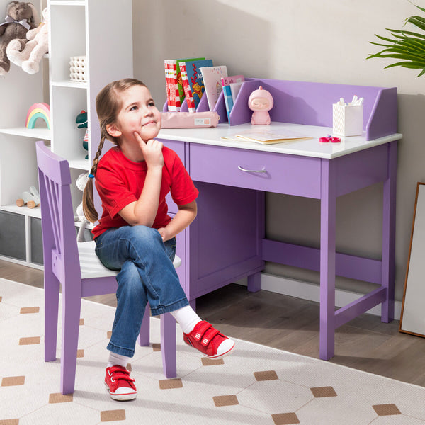 Kids wooden writing furniture set with drawer and storage cabinet, angled view showcasing design and functionality.