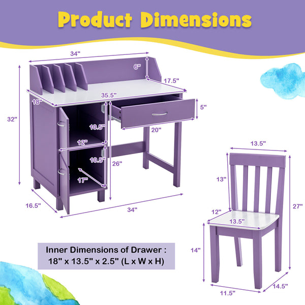 Kids wooden writing furniture set with drawer and storage cabinet, perfect for playrooms and learning spaces.