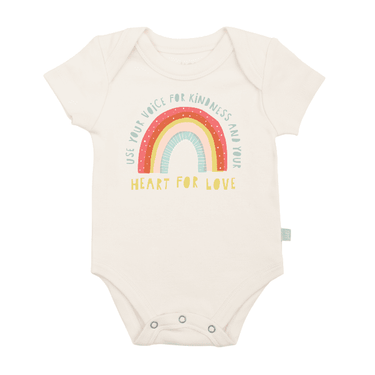 Graphic bodysuit featuring "Kindness" for babies, perfect for short sleeve comfort and style.