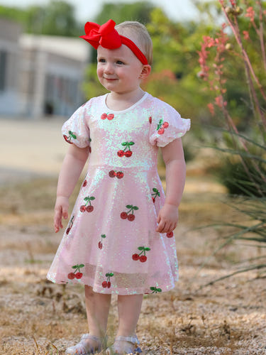 Sweet Cherry Sequins Cute Dress for babies, featuring a charming design and sparkling details. Perfect for special occasions.
