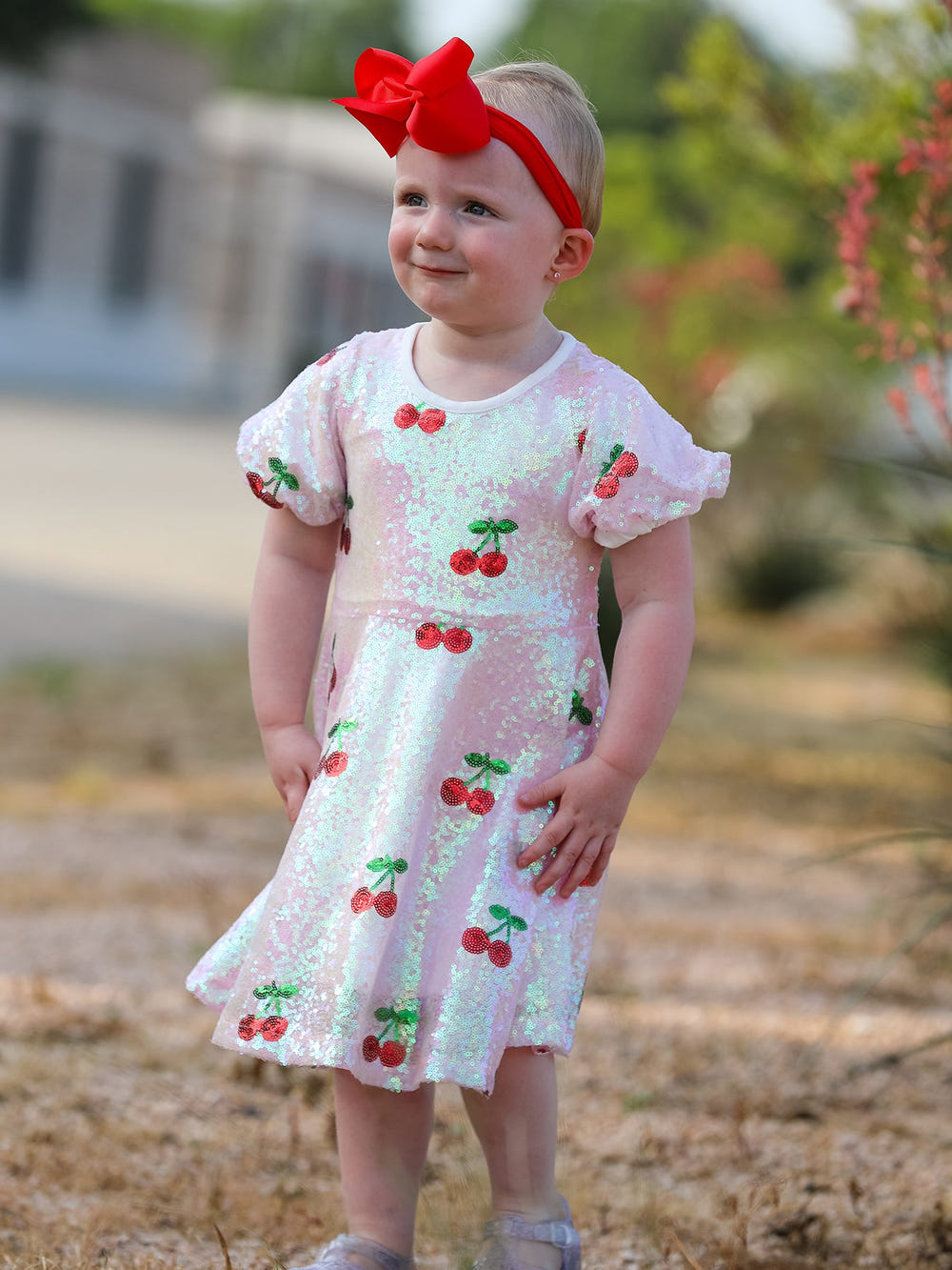 Sweet Cherry Sequins Cute Dress for babies, featuring a charming design and sparkling details. Perfect for special occasions.