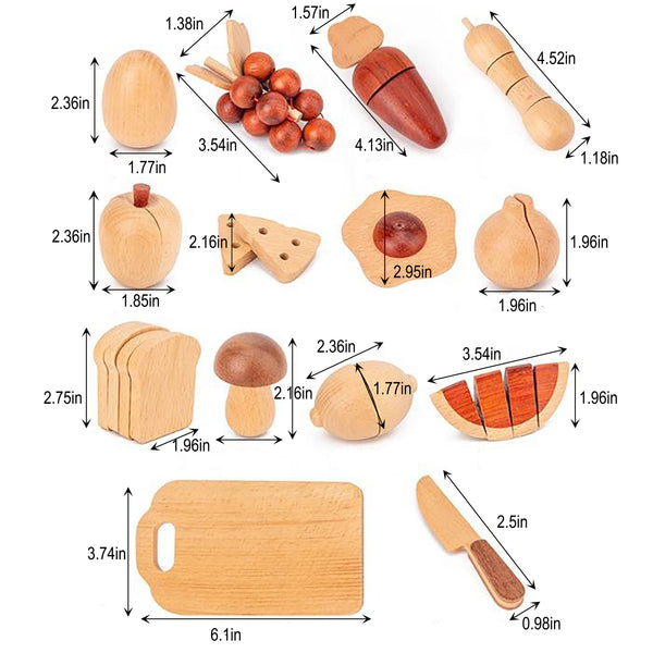 Wooden play food sets for kids' kitchen, showcasing colorful toys at a 22-degree angle for imaginative indoor play.