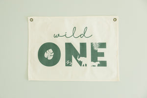 Wild One First Birthday Jungle Theme Canvas Banner - Colorful wall art for celebrating a baby's first birthday.