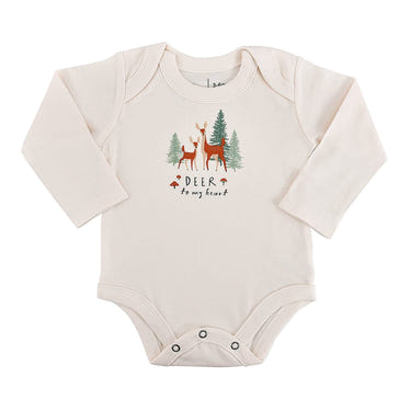 Long sleeve graphic bodysuit featuring "Deer to My Heart" design for babies. Perfect for cozy and cute outfits.