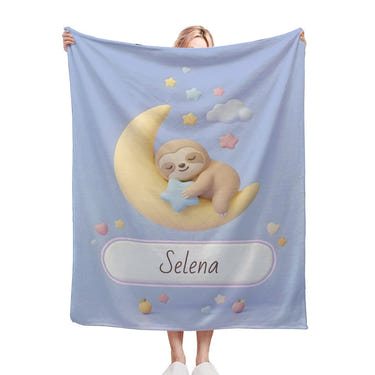 Personalized Sleeping Sloth Blanket | Custom Name | Crescent Moon Kawaii Flannel Throw Gift