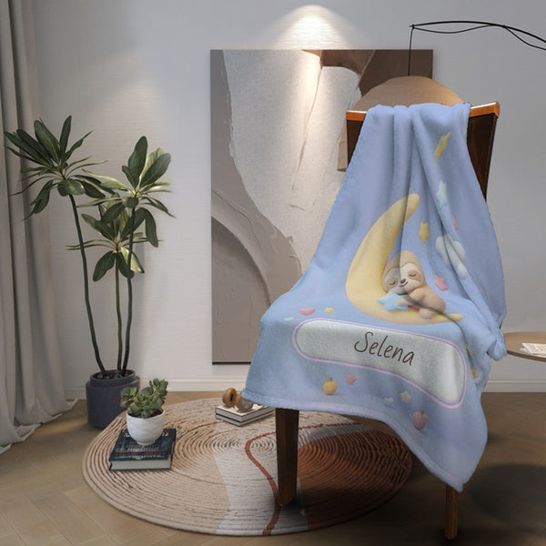Personalized Sleeping Sloth Blanket | Custom Name | Crescent Moon Kawaii Flannel Throw Gift