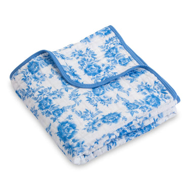 LollyBanks 100% Cotton Muslin Baby Blanket, Blue Peony Print, 47"x47", Lightweight 6-Layer Newborn Quilt.