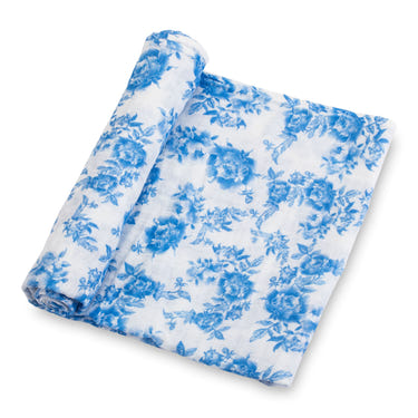 LollyBanks 100% Cotton Muslin Swaddle Blanket, 47"x47", Blue Peony Print for newborns.