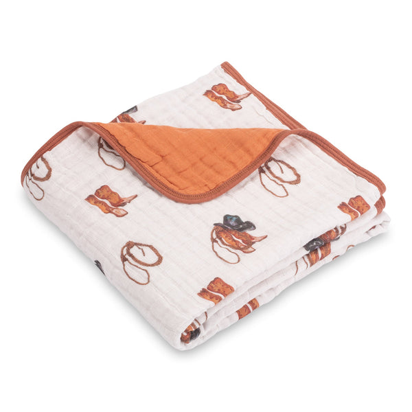 LollyBanks Muslin Baby Blanket, 100% Cotton Lightweight Baby Quilt, 47"x 47" and 6 Layers Newborn Blanket, (Cowboy Print)