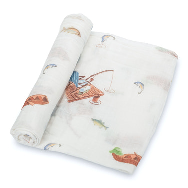 Go Fishing Adventure: 47" x 47" 100% Muslin Cotton Swaddle Blankets with Lake, Boat, Fishing Pole, and Fish Design - MOOGCO Baby