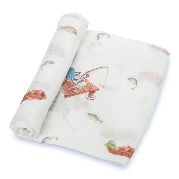 Go Fishing Adventure: 47" x 47" 100% Muslin Cotton Swaddle Blankets with Lake, Boat, Fishing Pole, and Fish Design