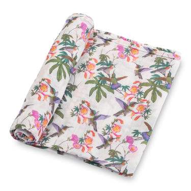 LollyBanks Hummingbird Muslin Swaddle Blanket, 100% Cotton, 47"x47", perfect for newborns.