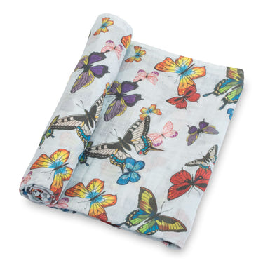 LollyBanks 100% Cotton Muslin Swaddle Blanket, 47"x47", Butterfly Print for Newborns.