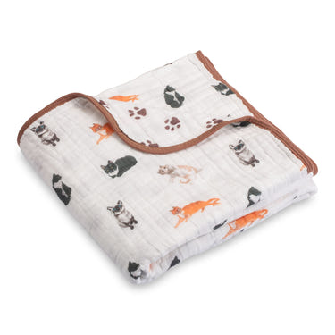 LollyBanks 100% Cotton Muslin Baby Blanket, 47"x47", lightweight quilt with cute cat print for newborns.
