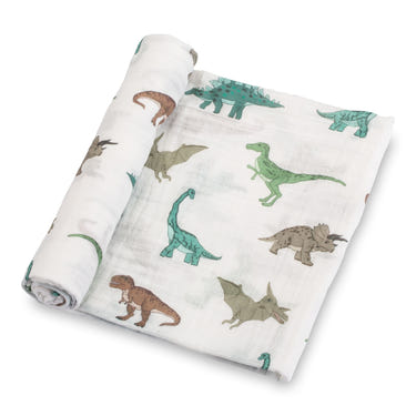 LollyBanks 100% Cotton Dinosaur Print Muslin Swaddle Blanket, 47"x47", perfect for newborns.