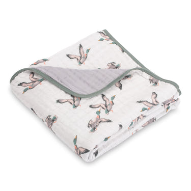 LollyBanks 100% Cotton Muslin Baby Blanket, 47"x47", 6 Layers, Mallard Duck Print, Lightweight Baby Quilt.