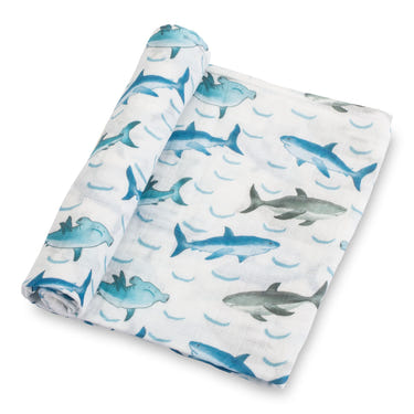LollyBanks Shark Print Muslin Swaddle Blanket, 100% Cotton, 47"x47", perfect for newborns.